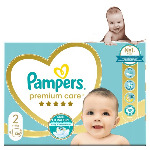 PIELUCHY-Z-KIESZONKA-PAMPERS-PREMIUM-CARE-2-136-SZTUK-4-8Kg-NOC-DZIEN PIELUCHY Z KIESZONKĄ PAMPERS PREMIUM CARE 2 136 SZTUK 4-8Kg NOC DZIEŃ - obrazek 1